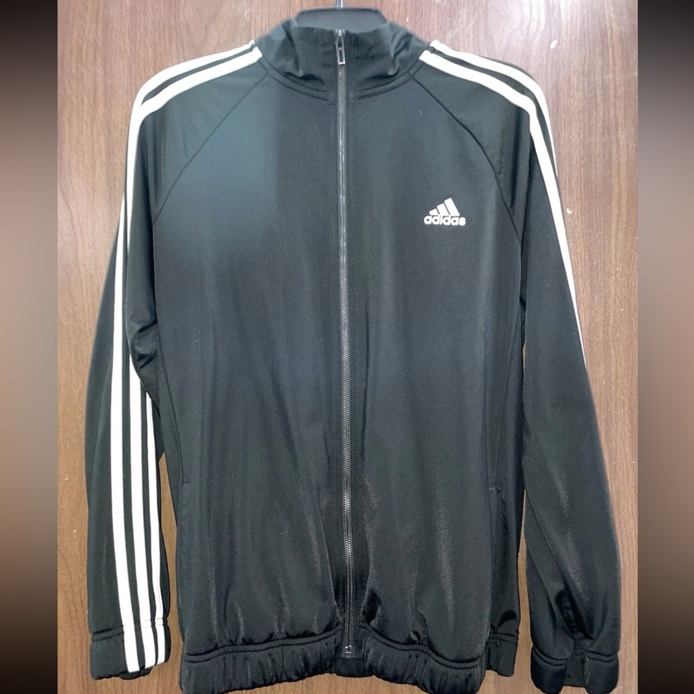 Adidas Unisex Black Windbreaker with White Stripes Size XL (Pre-Owned)